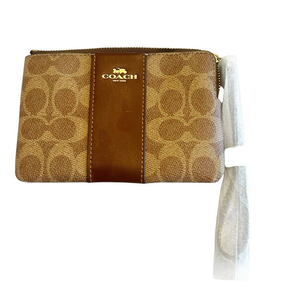 Coach Corner Zip Signature Canvas with Leather Stripe Bag Tan Brown One Size NWT - Picture 8 of 12